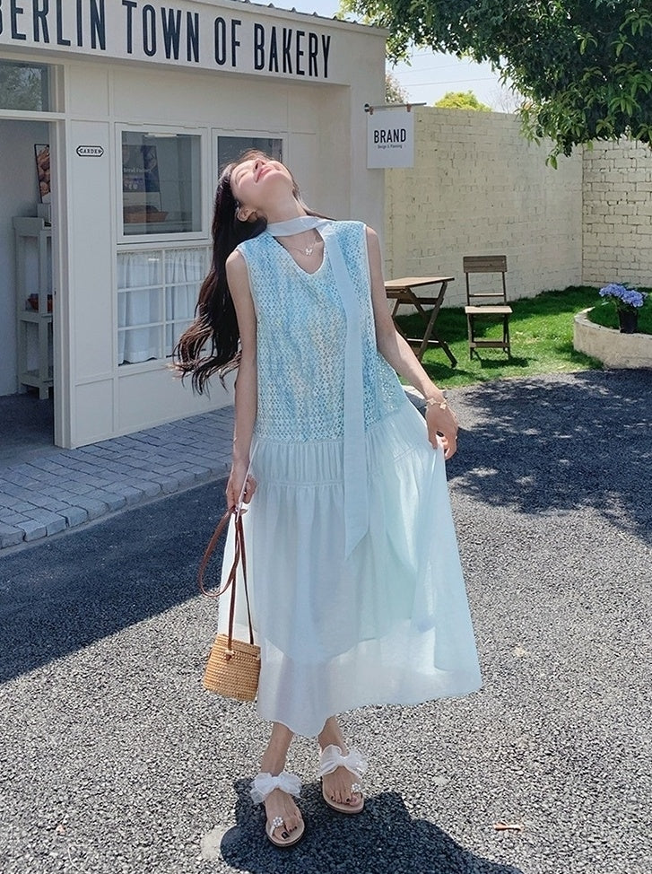Beautiful Blue Sleeveless Vneck Maxi Dress