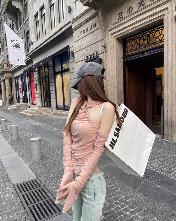Beige Asymmetric Long Sleeve Top