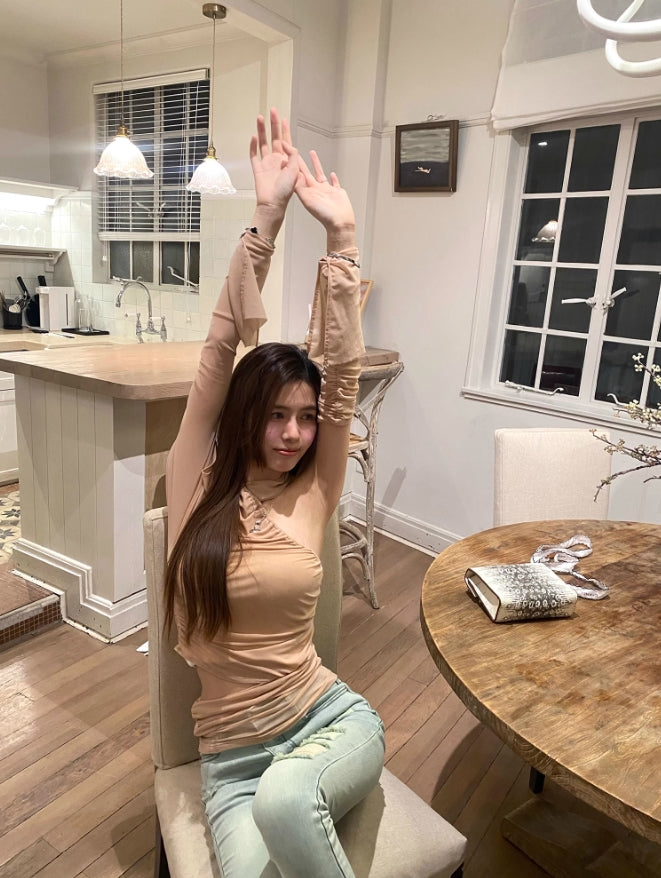 Beige Asymmetric Long Sleeve Top