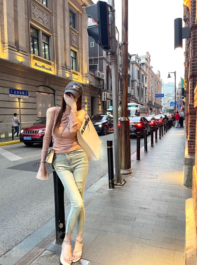 Beige Asymmetric Long Sleeve Top