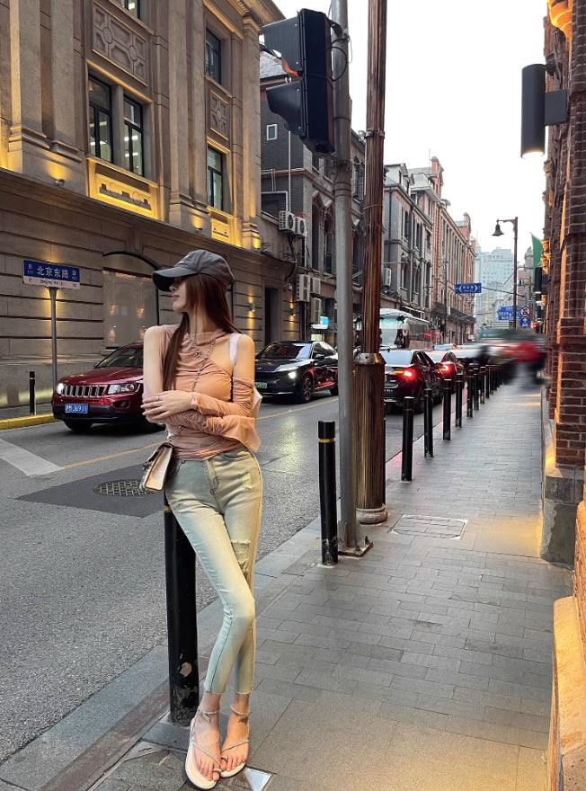 Beige Asymmetric Long Sleeve Top