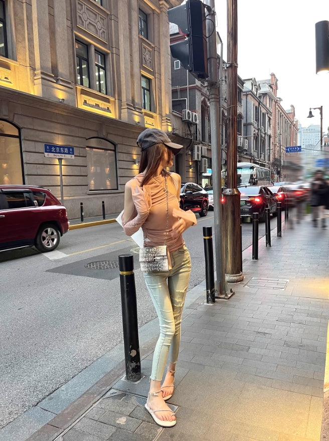 Beige Asymmetric Long Sleeve Top