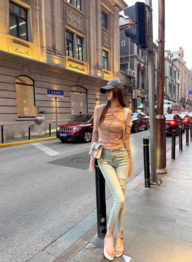 Beige Asymmetric Long Sleeve Top