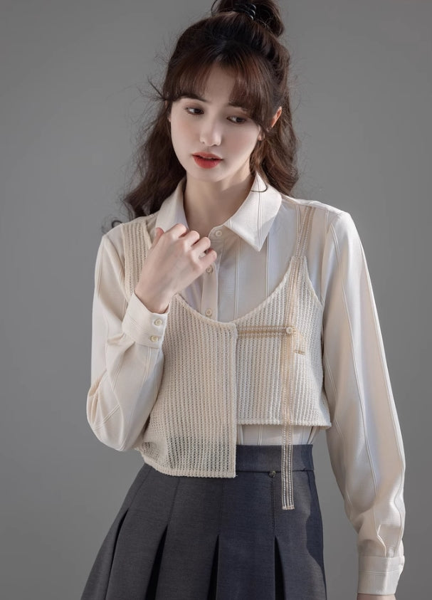 Beige Asymmetrical Spliced Shirt