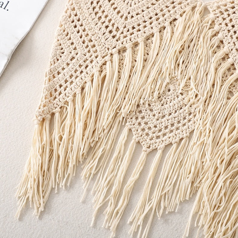 Beige Boho Crochet Tassel Top