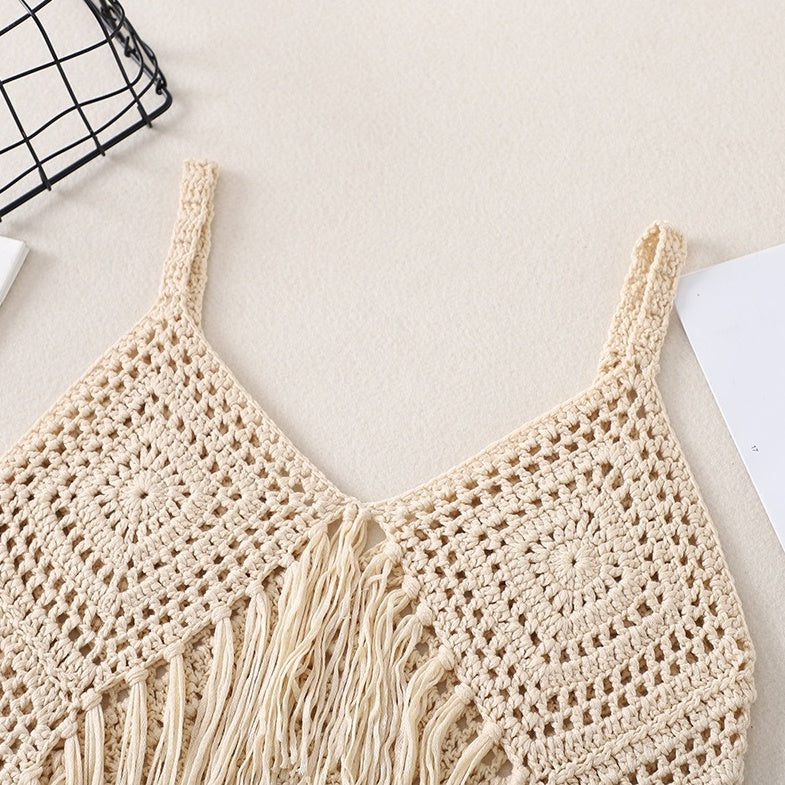Beige Boho Crochet Tassel Top