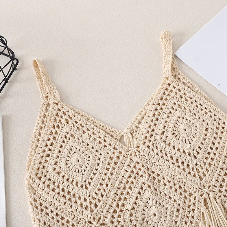 Beige Boho Crochet Tassel Top