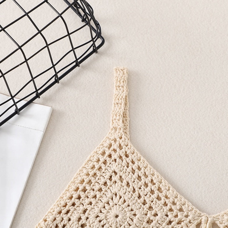 Beige Boho Crochet Tassel Top