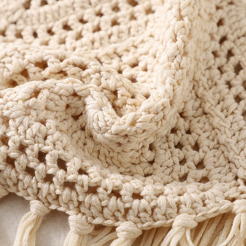 Beige Boho Crochet Tassel Top