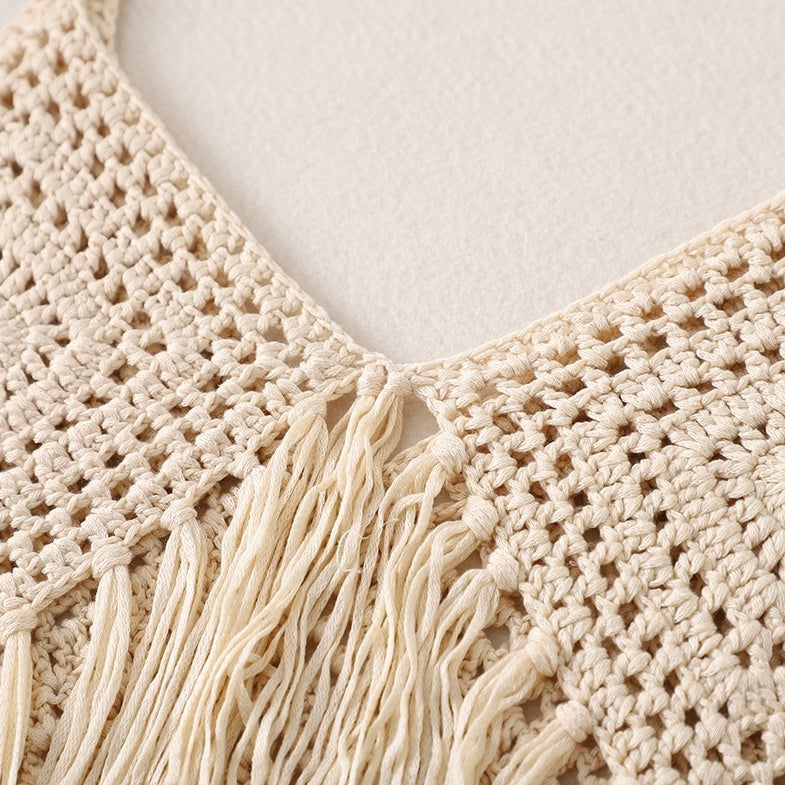 Beige Boho Crochet Tassel Top
