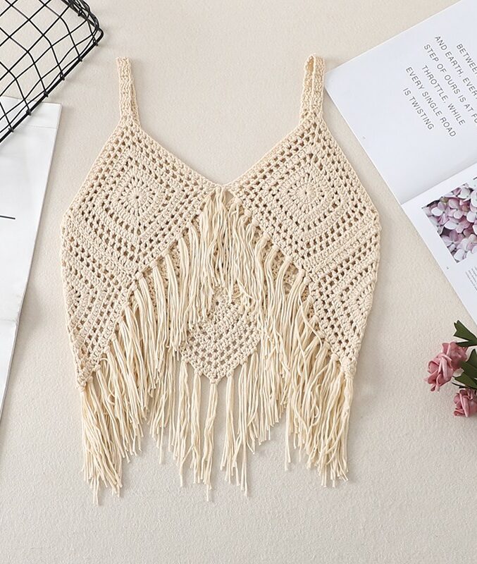 Beige Boho Crochet Tassel Top