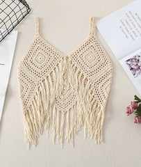 Beige Boho Crochet Tassel Top