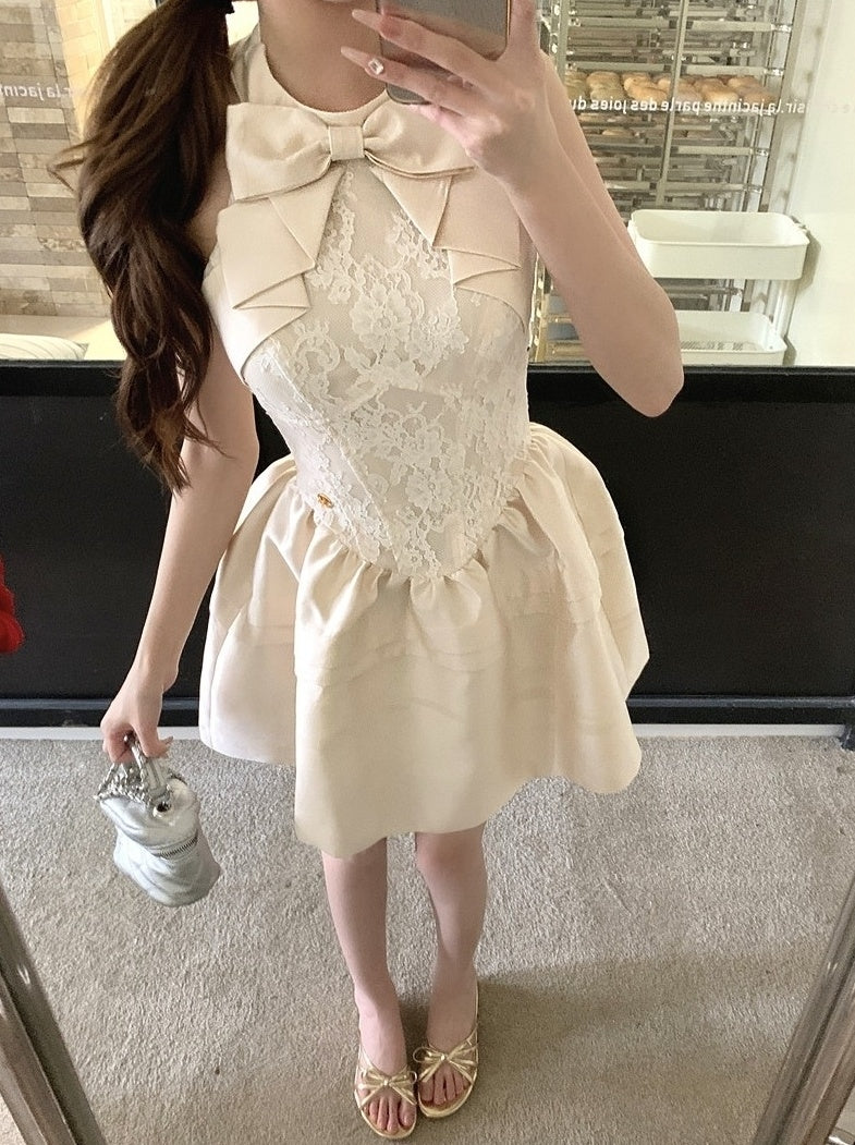 Beige Bow Princess Mini Dress