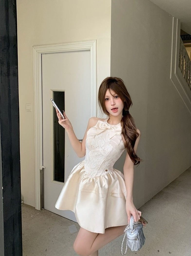 Beige Bow Princess Mini Dress