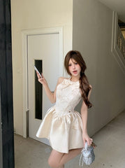 Beige Bow Princess Mini Dress