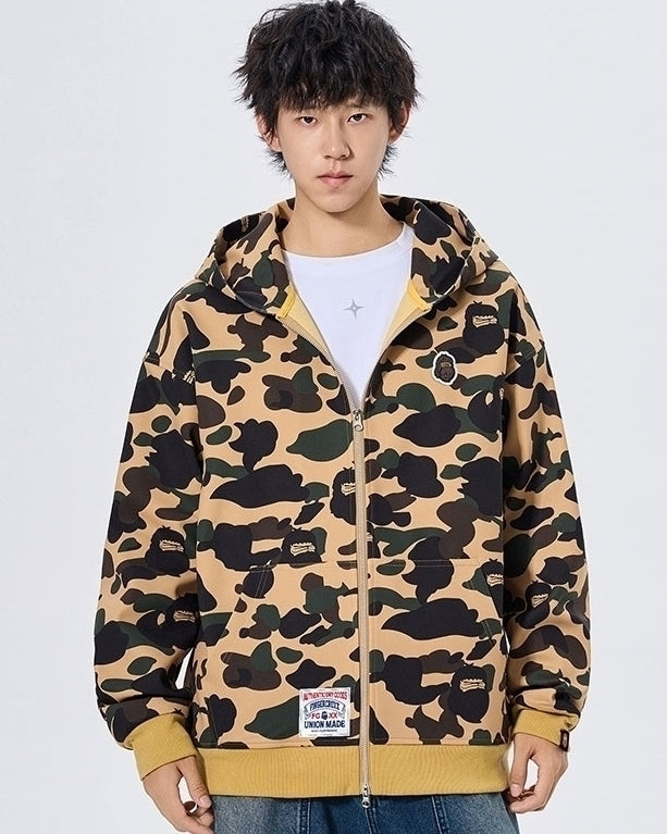 Beige Camouflage Print Hooded Jacket