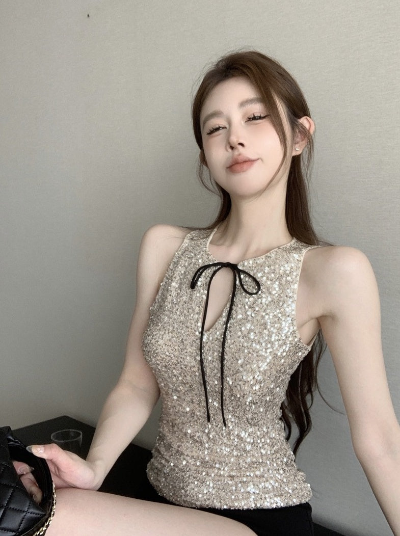 Beige Champaigne Sequins Bow Top