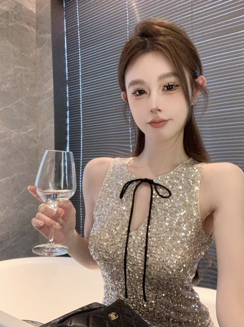 Beige Champaigne Sequins Bow Top