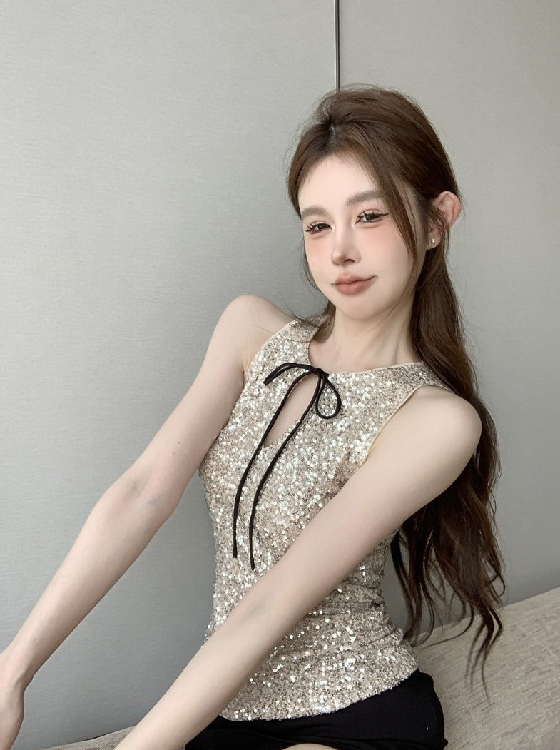 Beige Champaigne Sequins Bow Top