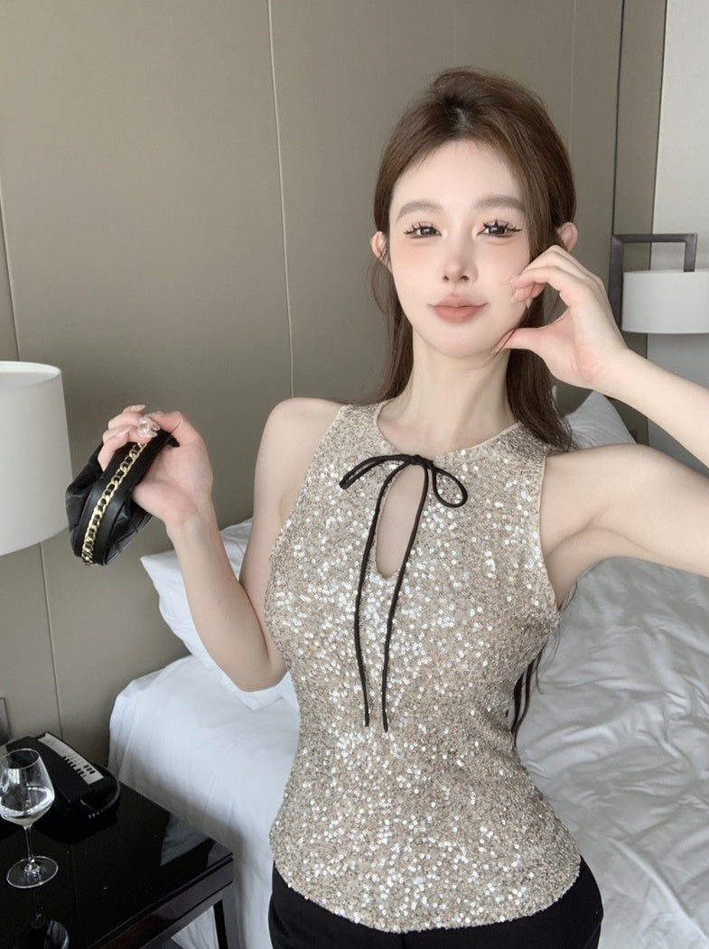 Beige Champaigne Sequins Bow Top