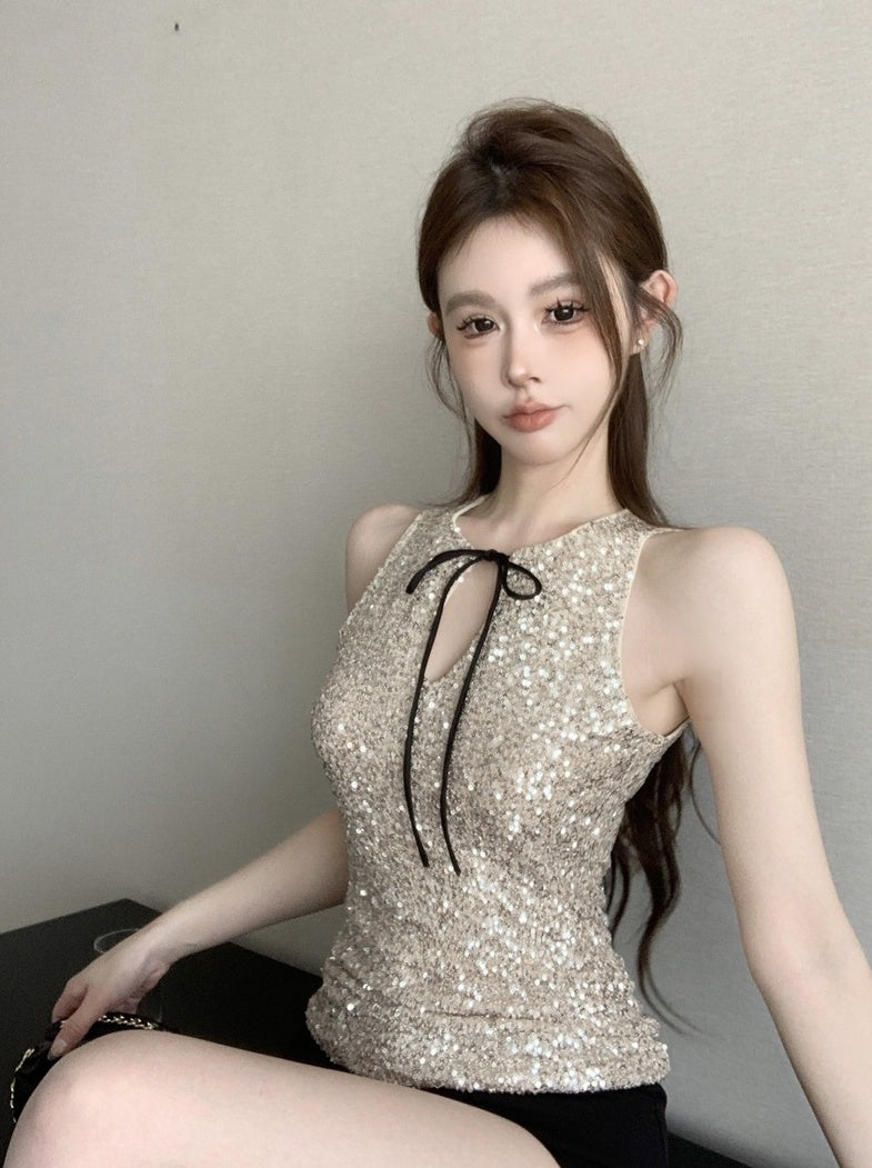 Beige Champaigne Sequins Bow Top