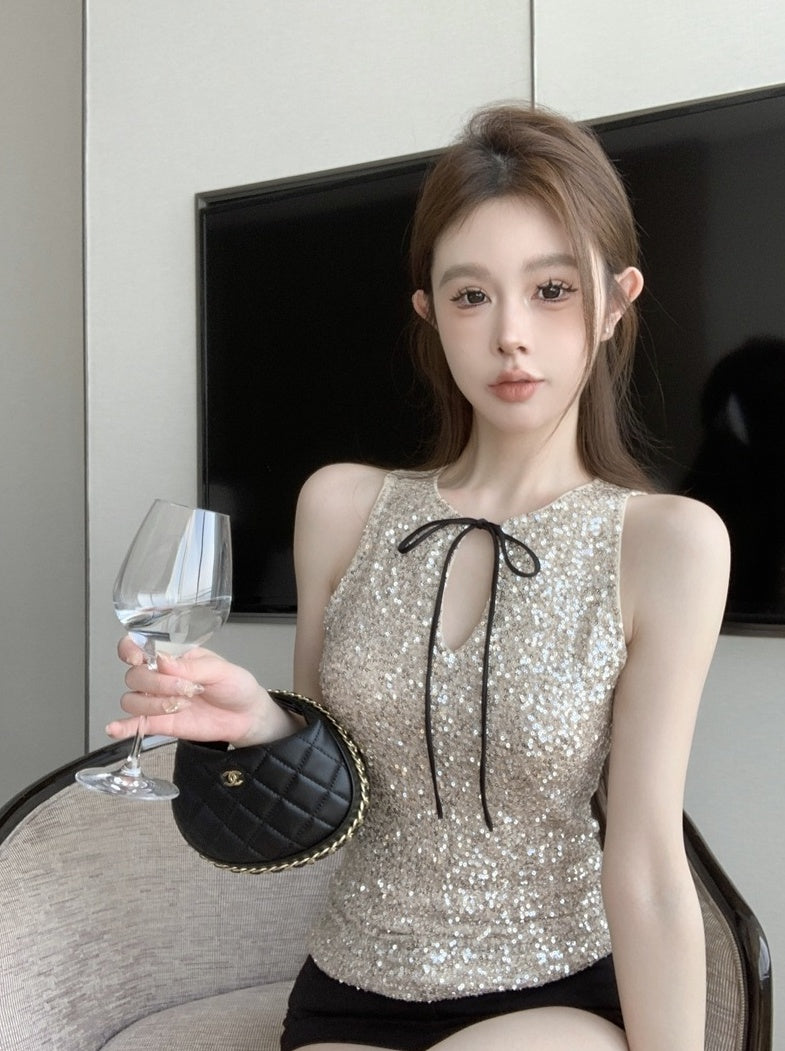 Beige Champaigne Sequins Bow Top