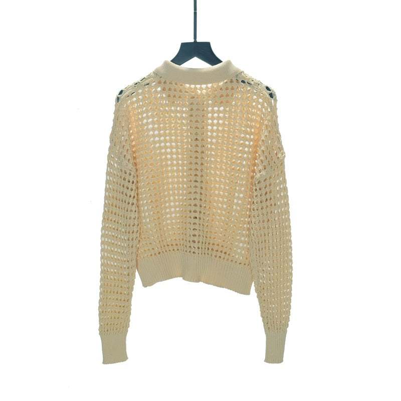 Beige Collared Net Cardigan