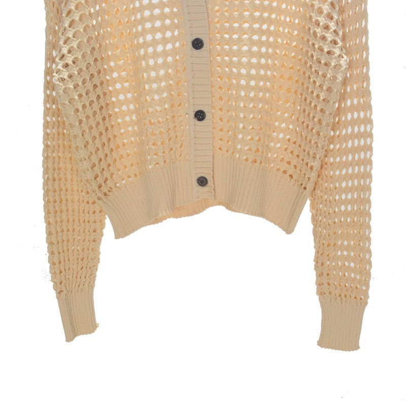 Beige Collared Net Cardigan