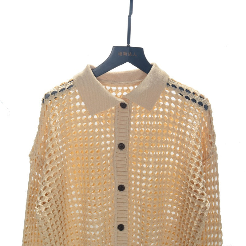 Beige Collared Net Cardigan