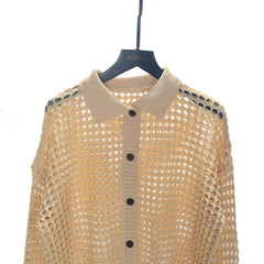 Beige Collared Net Cardigan