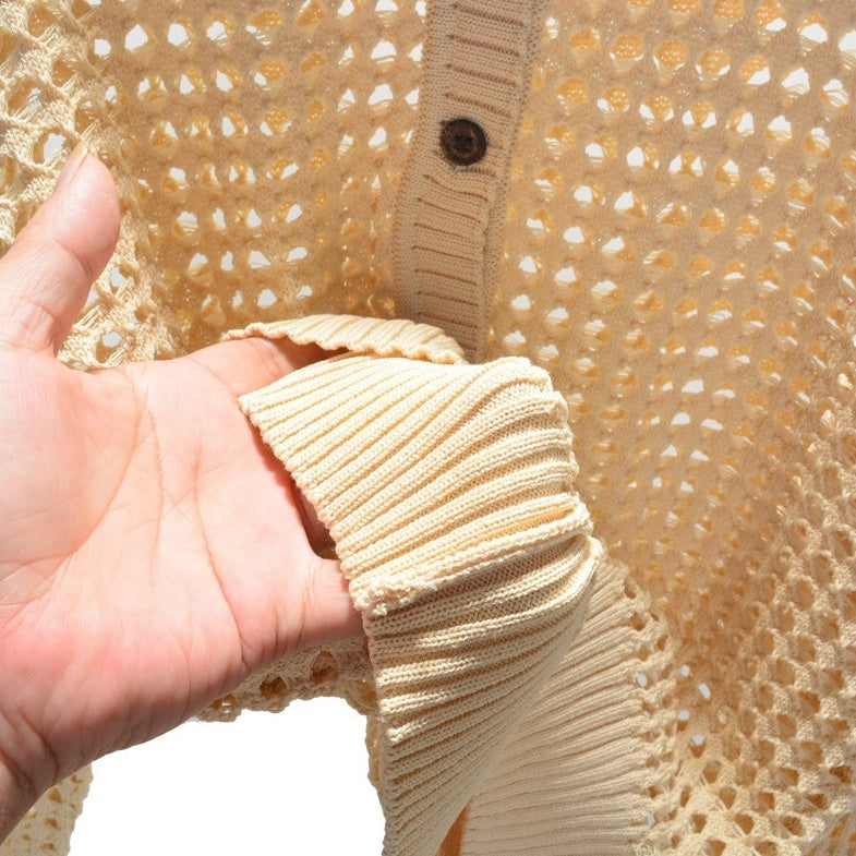 Beige Collared Net Cardigan