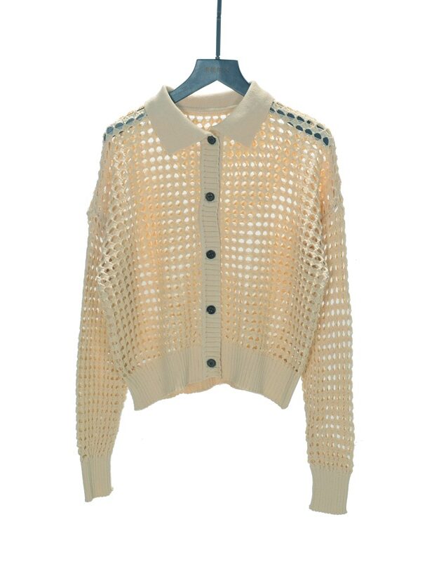 Beige Collared Net Cardigan
