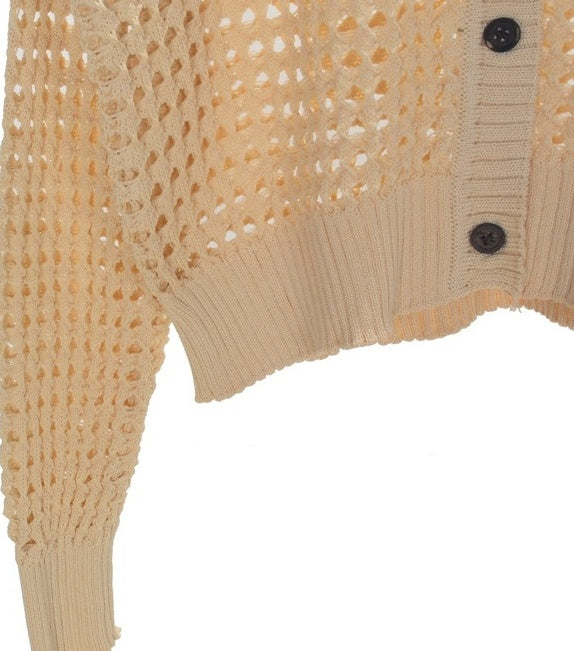 Beige Collared Net Cardigan