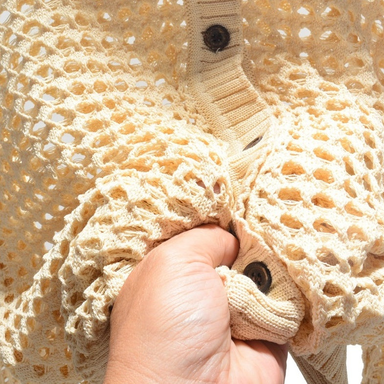 Beige Collared Net Cardigan