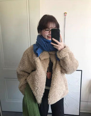 Beige Collared Plush Winter Jacket