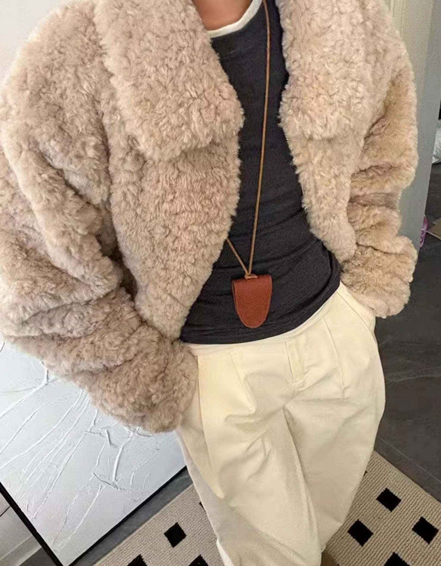 Beige Collared Plush Winter Jacket