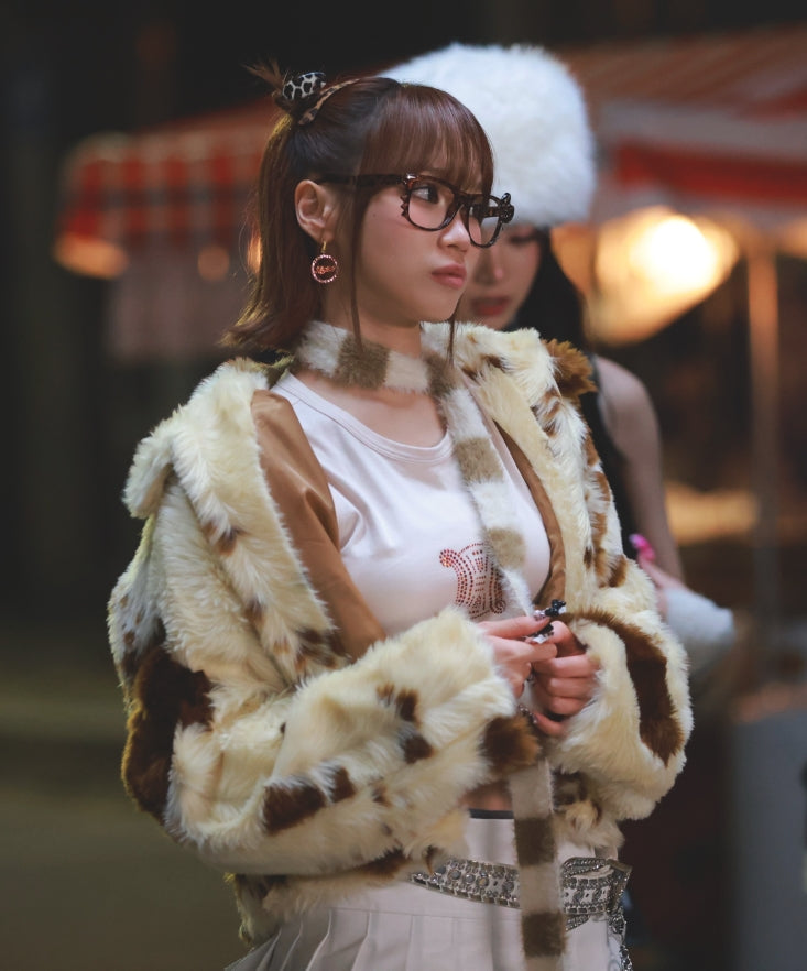 Beige Cow Pattern Fur Jacket
