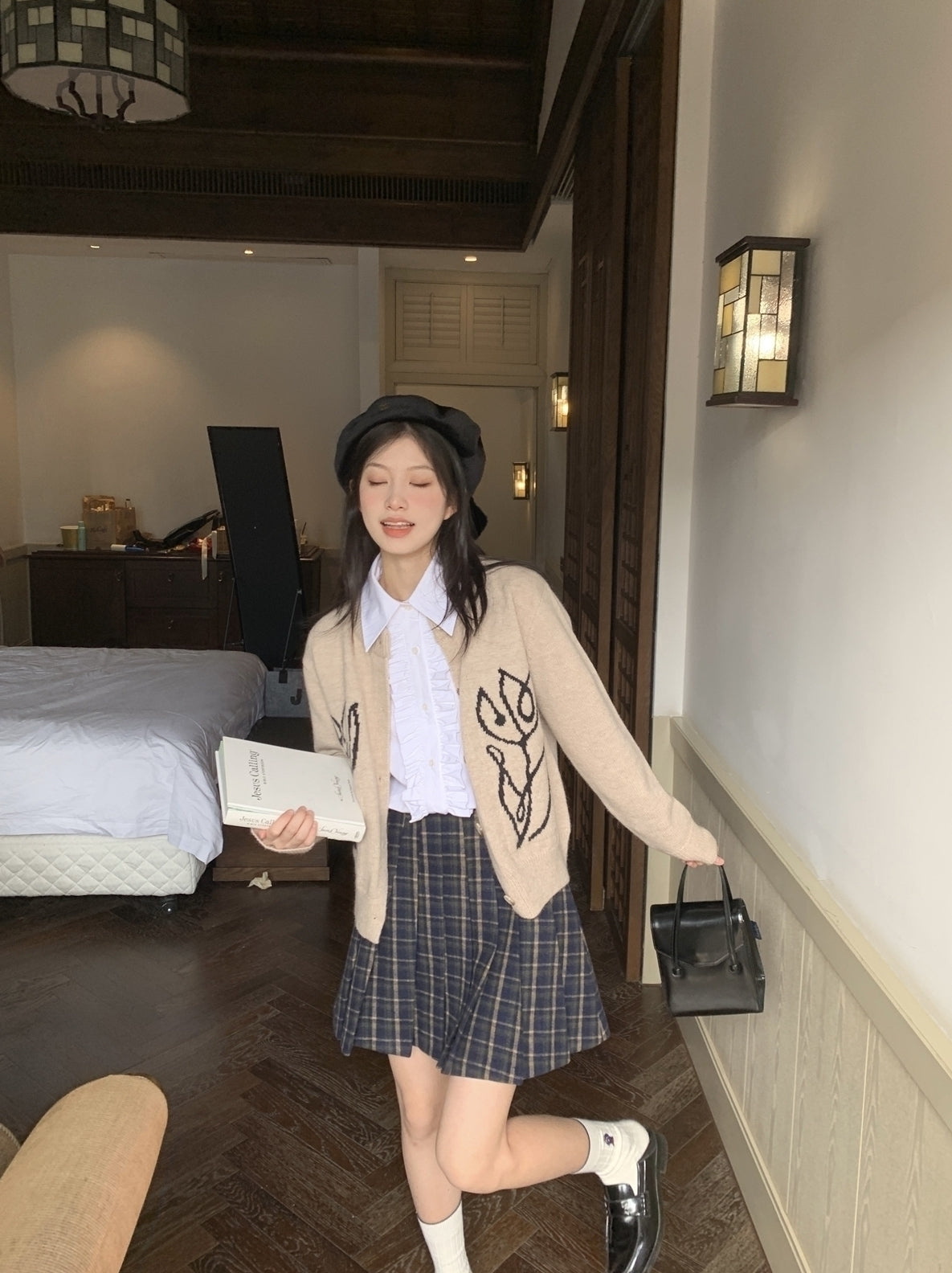 Beige Double Flower Doodle Cardigan