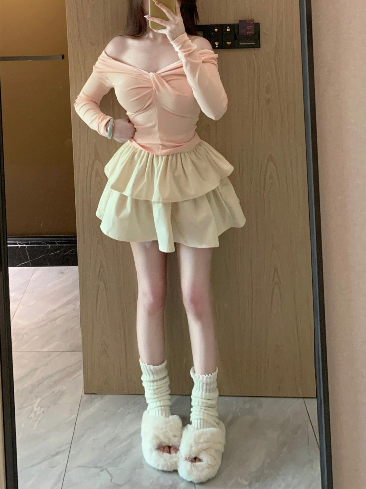 Beige Double Tiered Ruffle Skirt