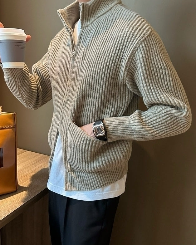 Beige Double Zipper Ribbed Jacket