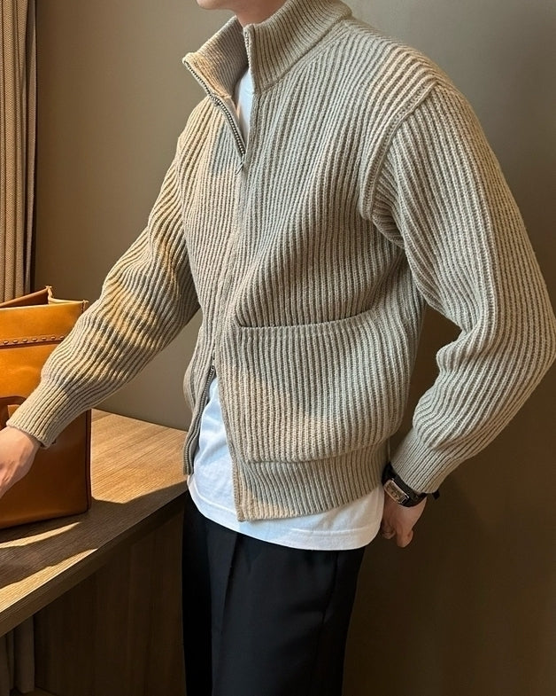 Beige Double Zipper Ribbed Jacket