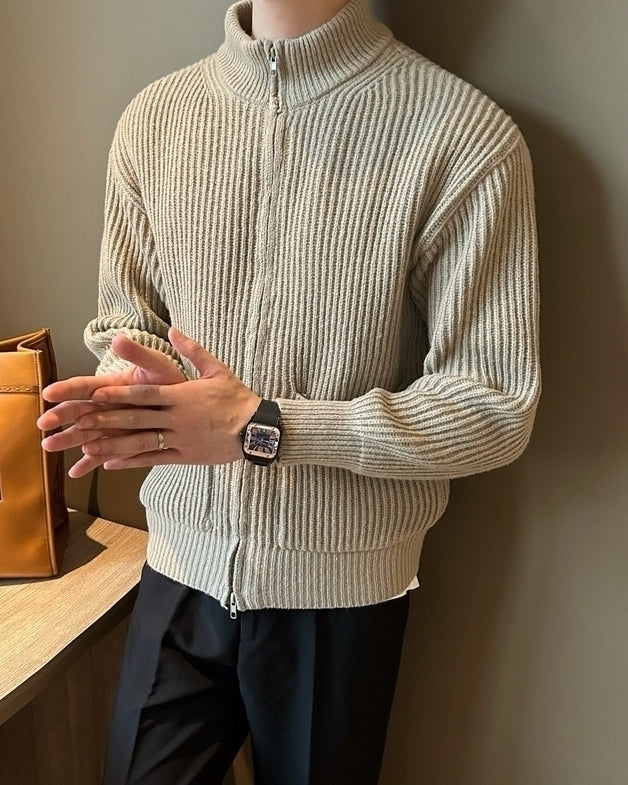 Beige Double Zipper Ribbed Jacket