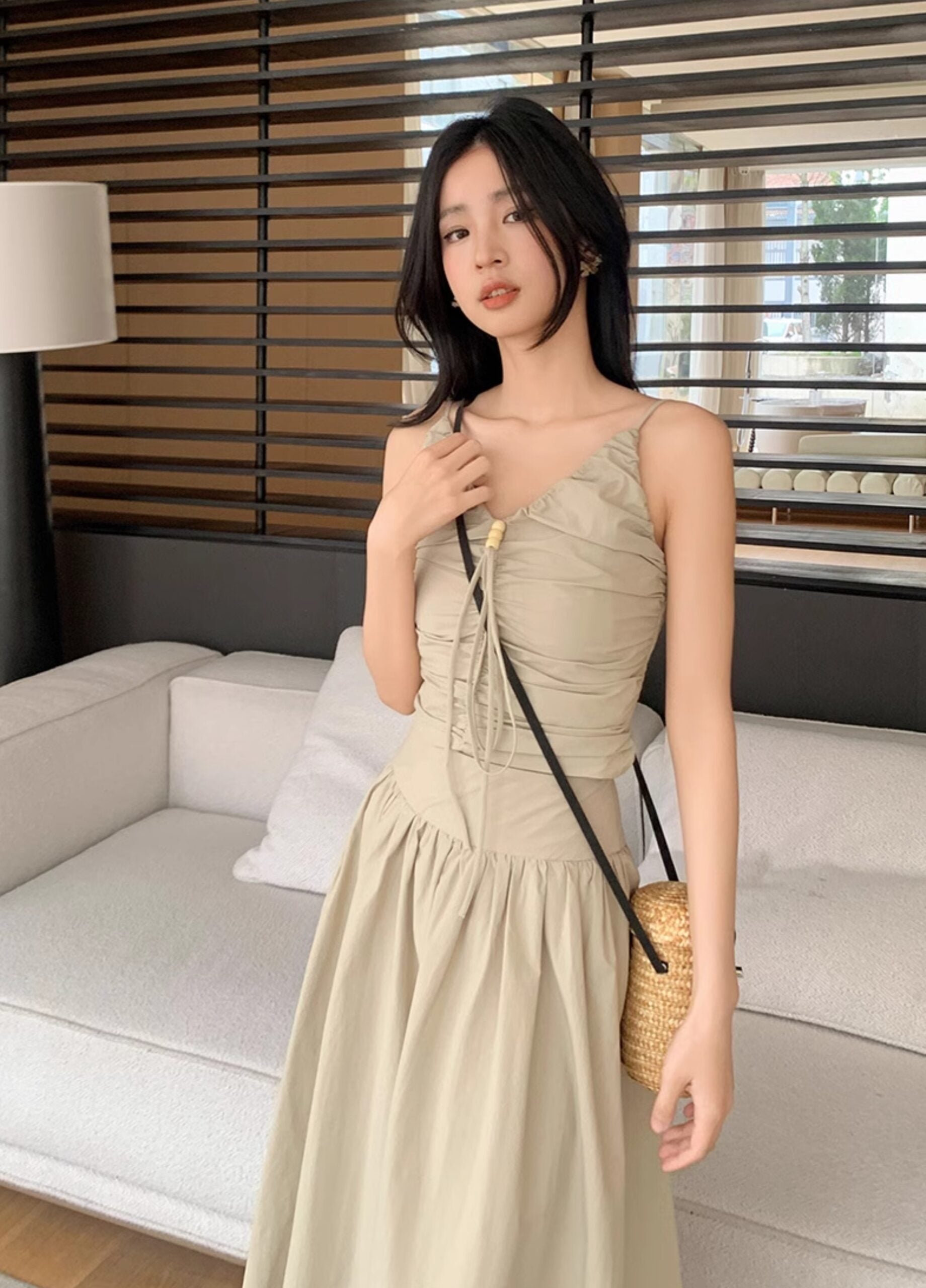 Beige Drawstring V-Neck Dress