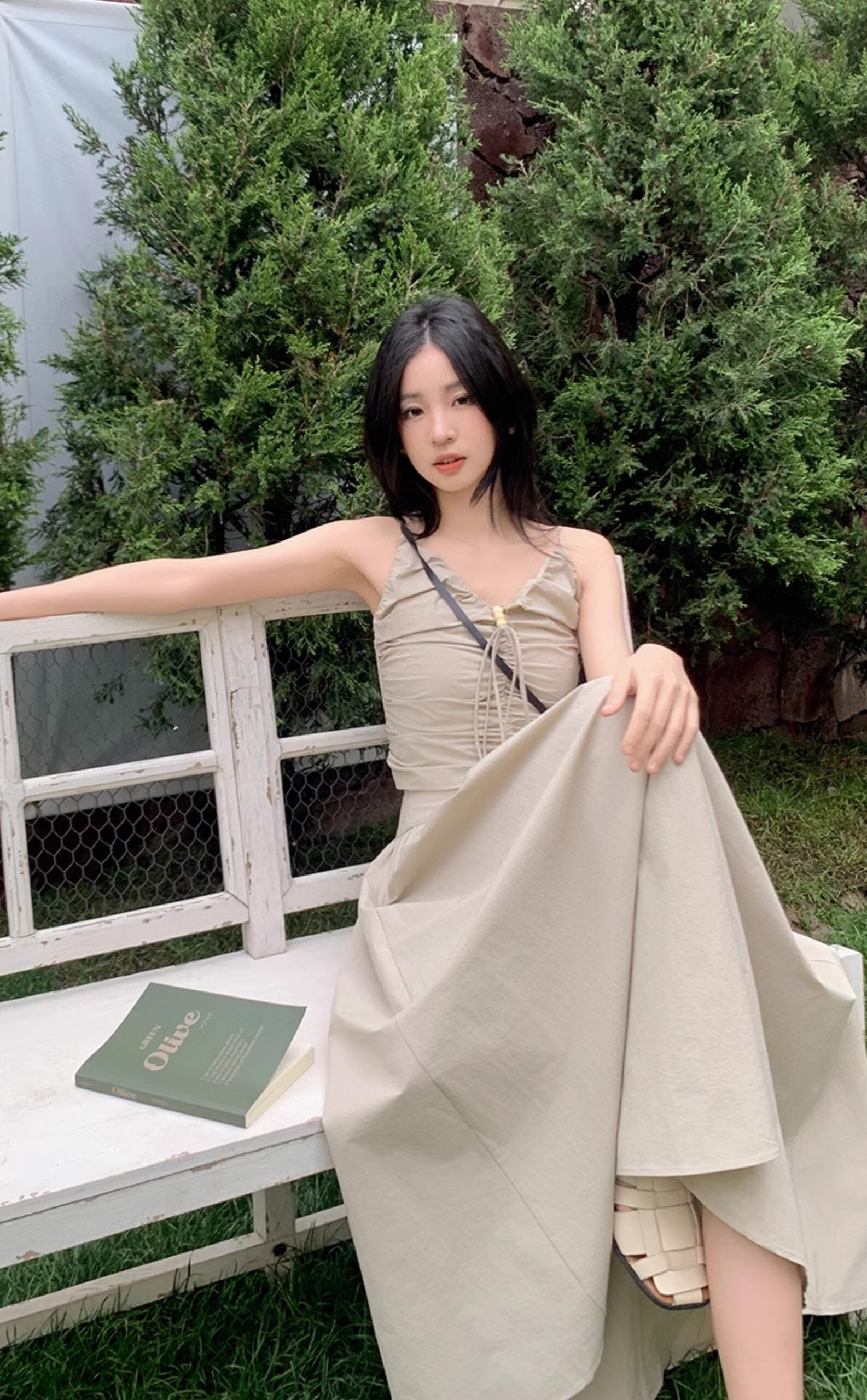 Beige Drawstring V-Neck Dress