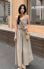 Beige Drawstring V-Neck Dress