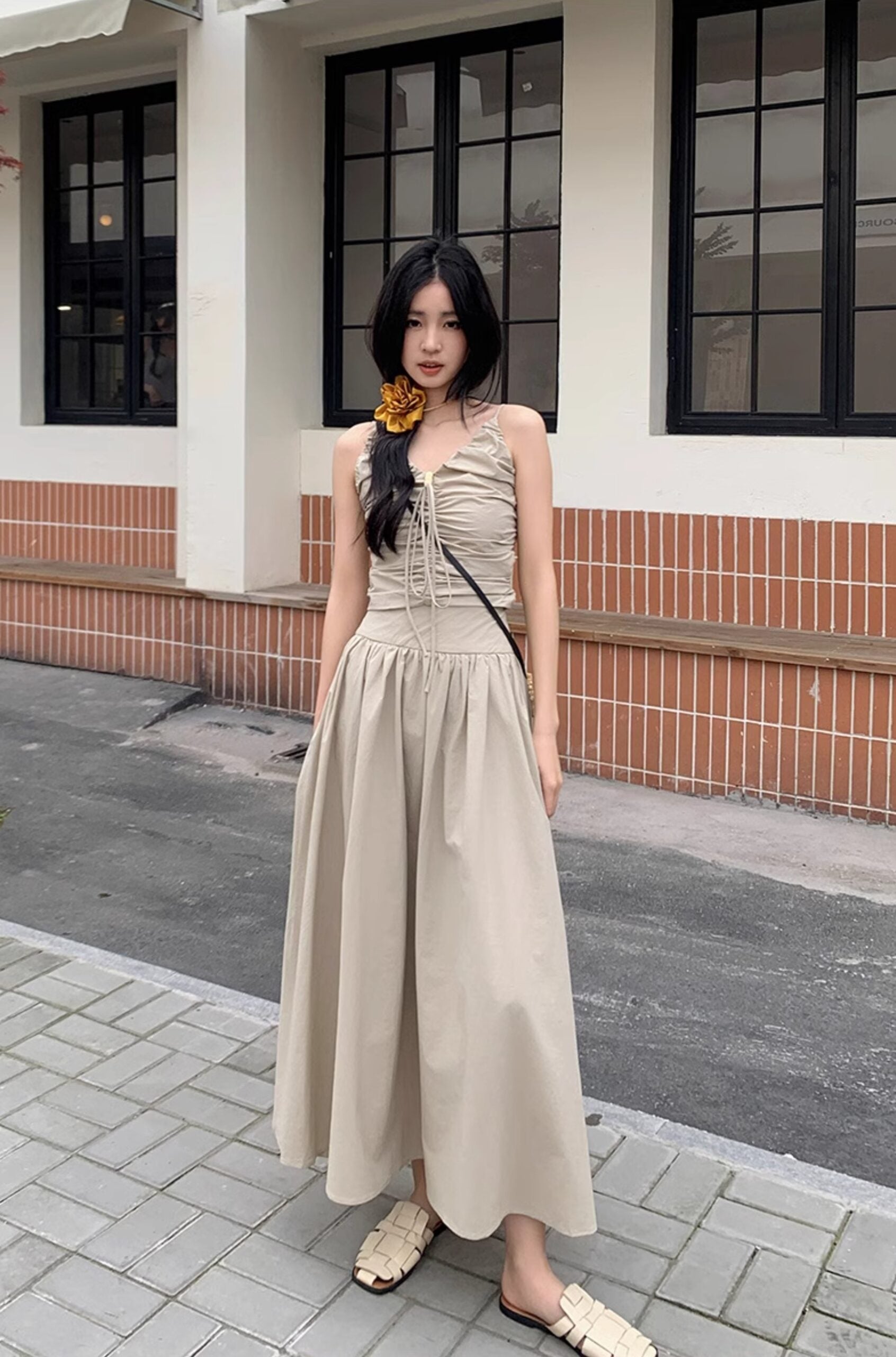 Beige Drawstring V-Neck Dress