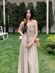 Beige Drawstring V-Neck Dress