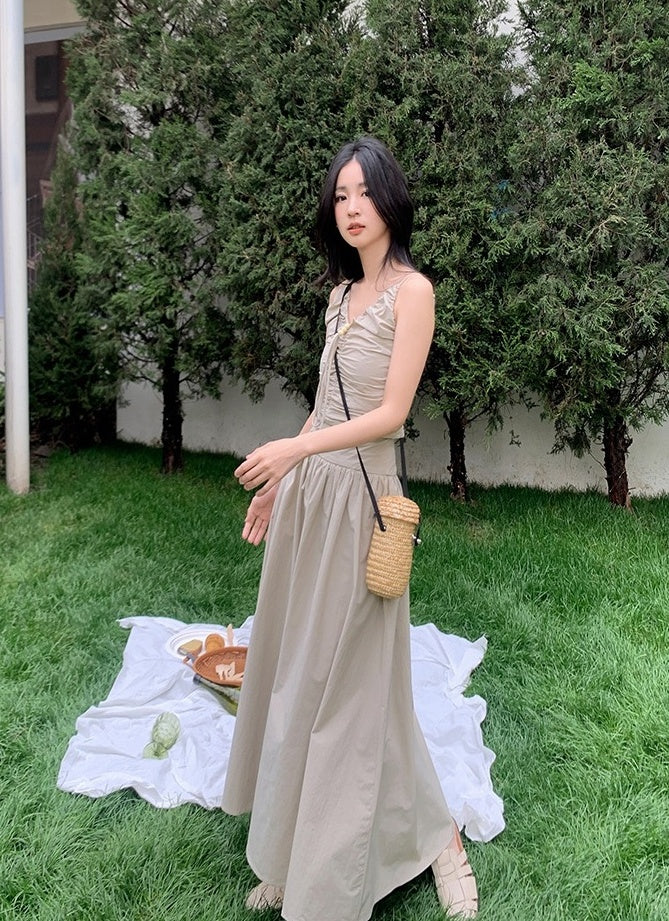 Beige Drawstring V-Neck Dress