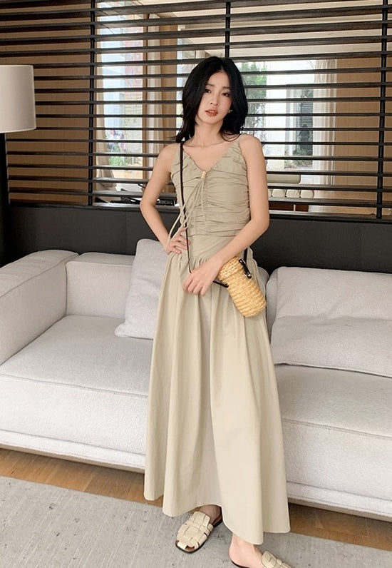 Beige Drawstring V-Neck Dress