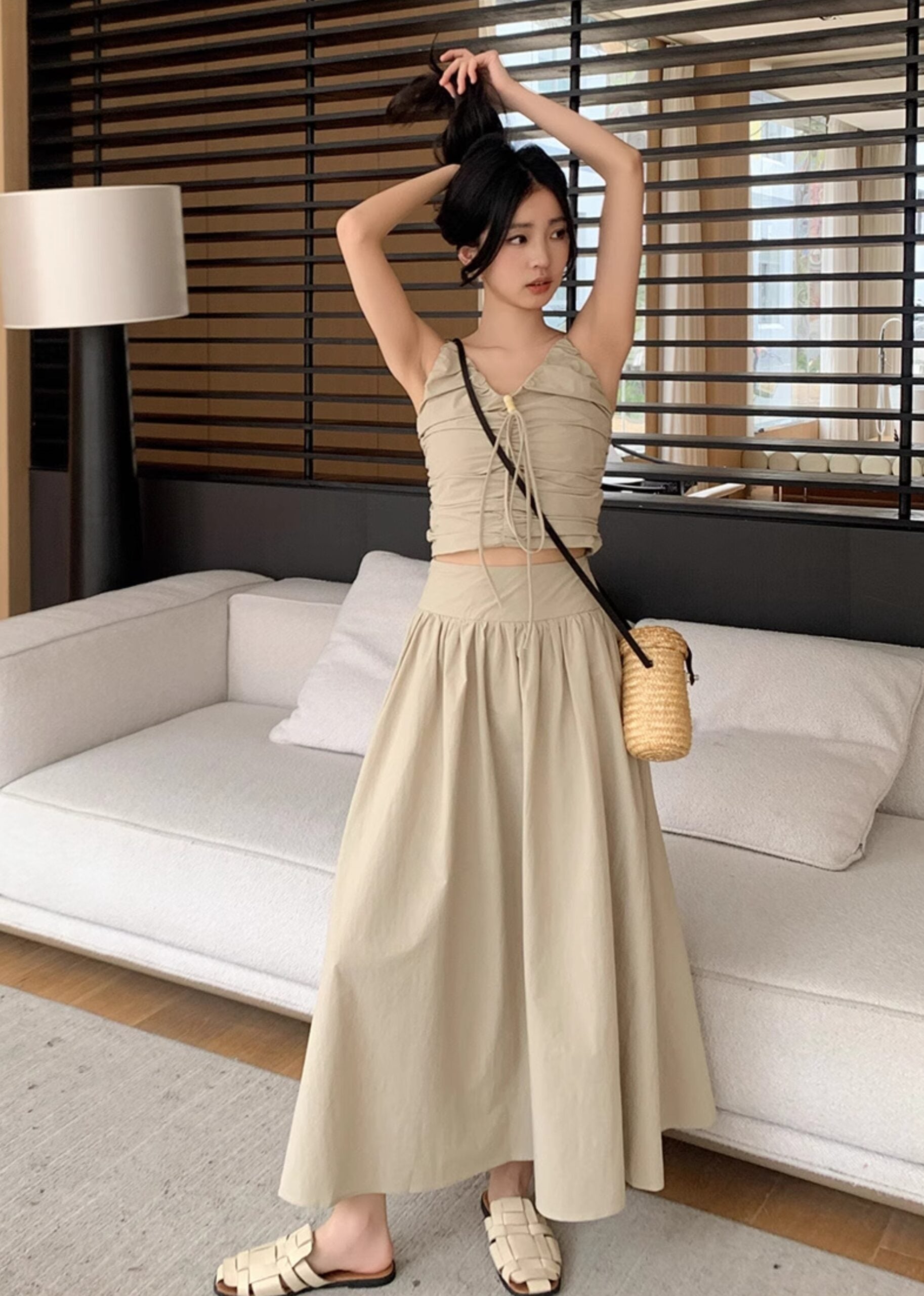 Beige Drawstring V-Neck Dress